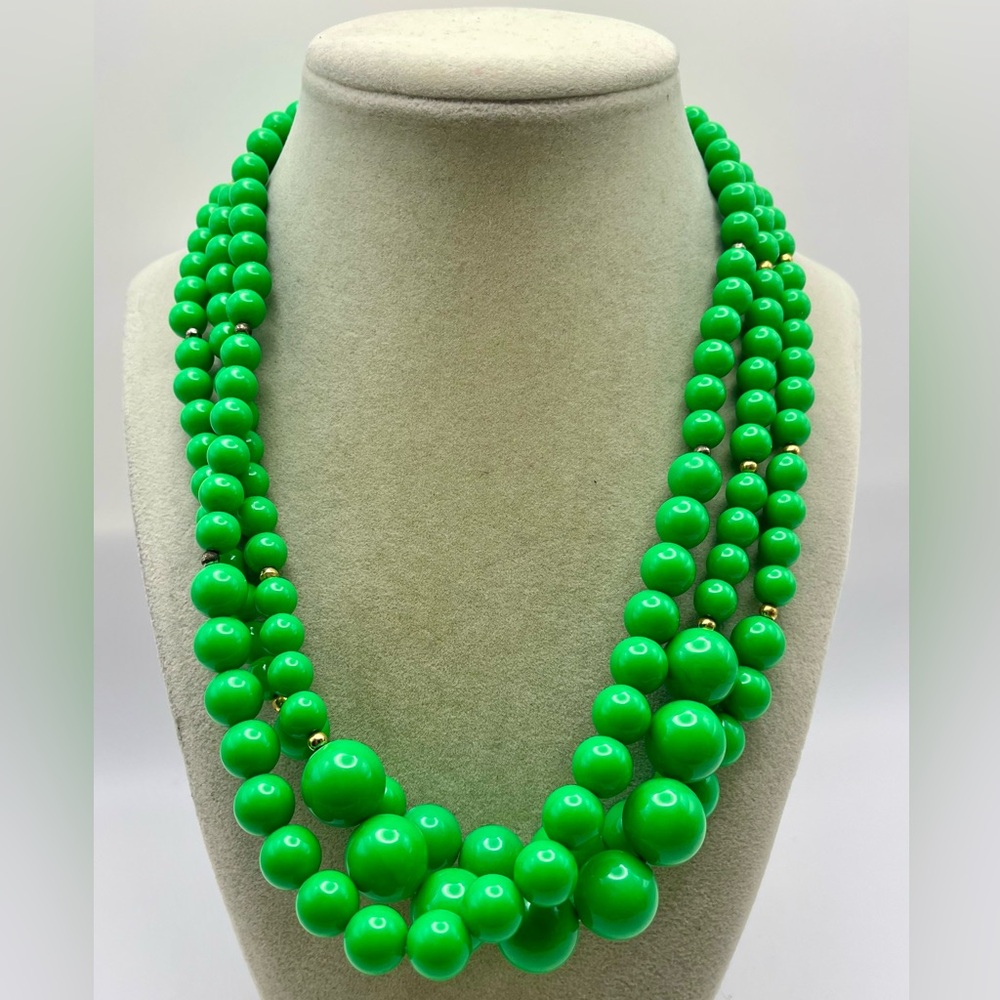 Elegant Vintage Green Multi Strand Acrylic Beaded Necklace. 20 inches. Chunky